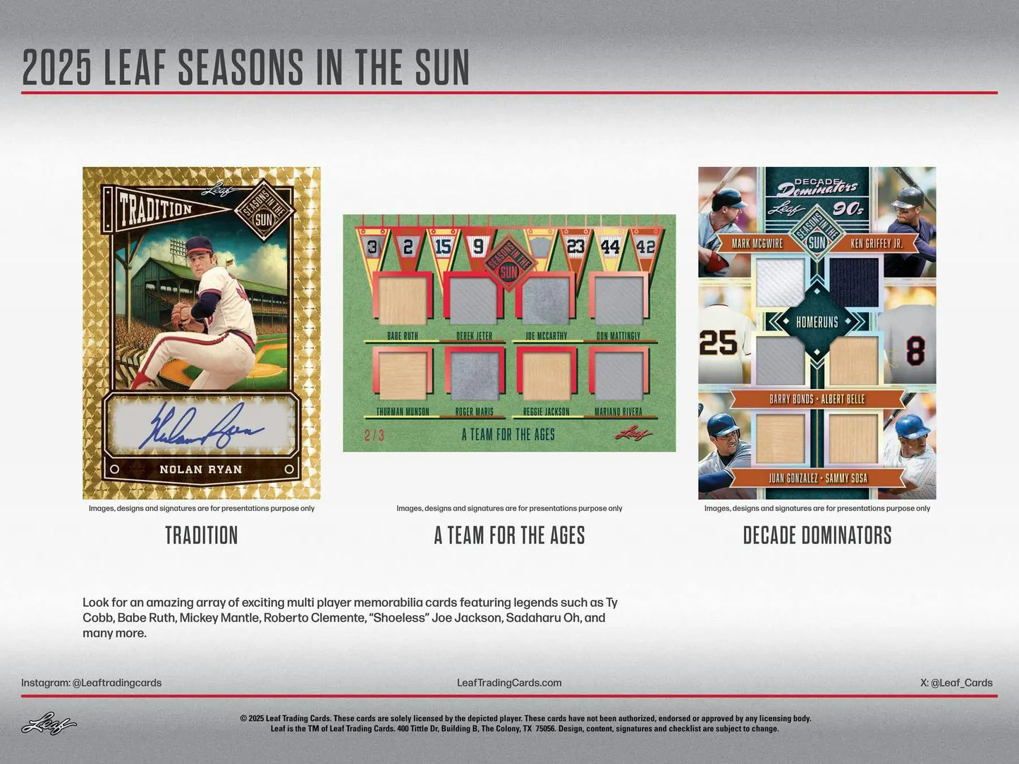 Baseball card collection with memorabilia cards from 2025 Leaf Seasons in the Sun Hobby Box