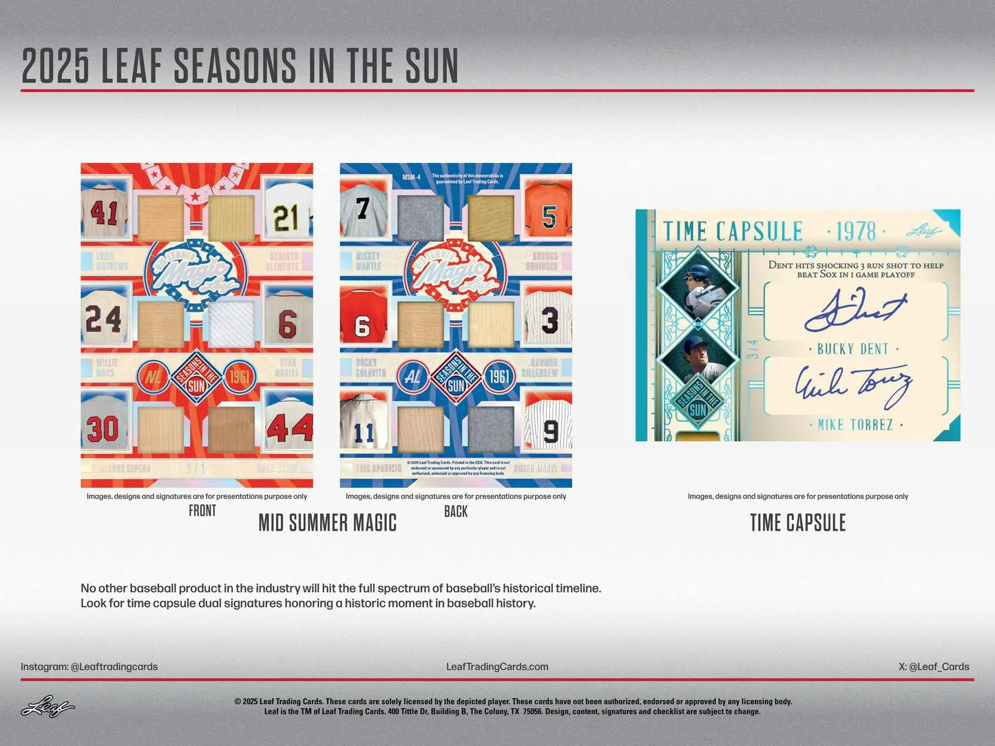 Baseball trading cards from the 2025 Leaf Seasons in the Sun Hobby Box featuring memorabilia cards