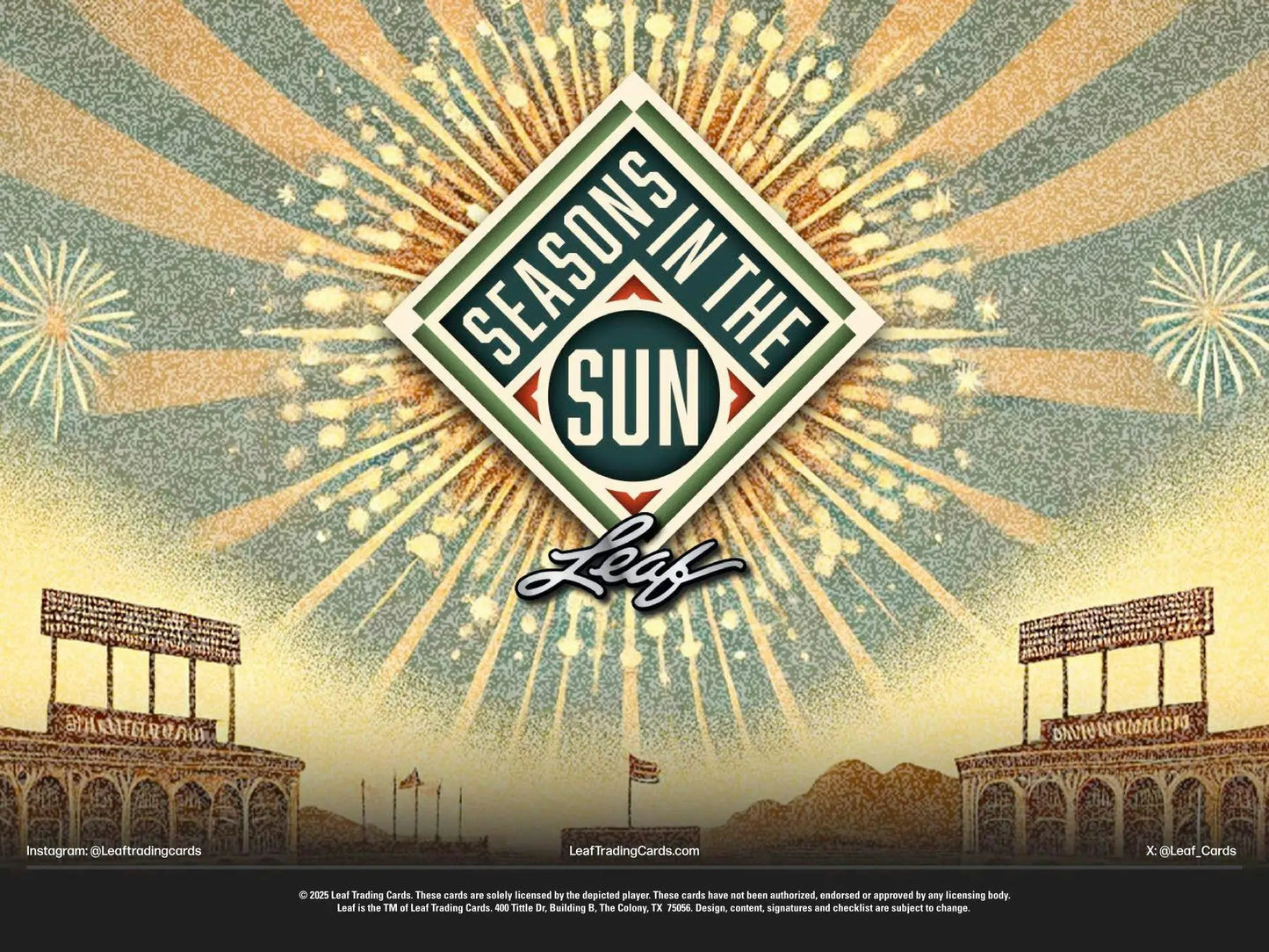 Baseball card design featuring memorabilia cards from 2025 Leaf Seasons in the Sun Hobby Box