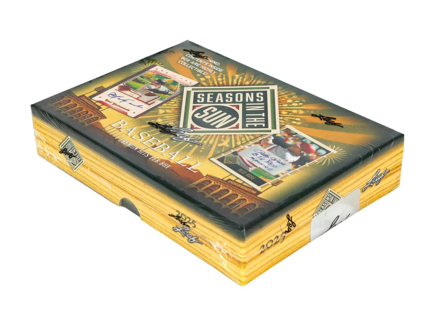 Sealed 2025 Leaf Seasons in the Sun Baseball Hobby Box with memorabilia cards and two memorabilia