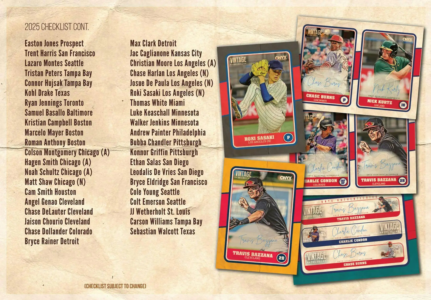 Baseball card checklist with player images from 2025 Onyx Vintage Baseball Hobby Box