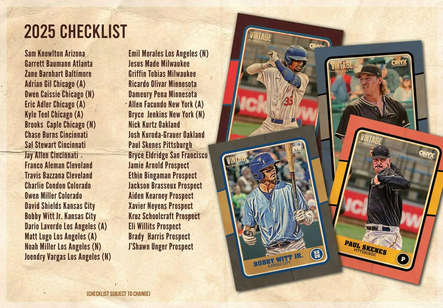 Baseball card checklist from 2025 Onyx Vintage Baseball Hobby Box featuring Los Angeles players