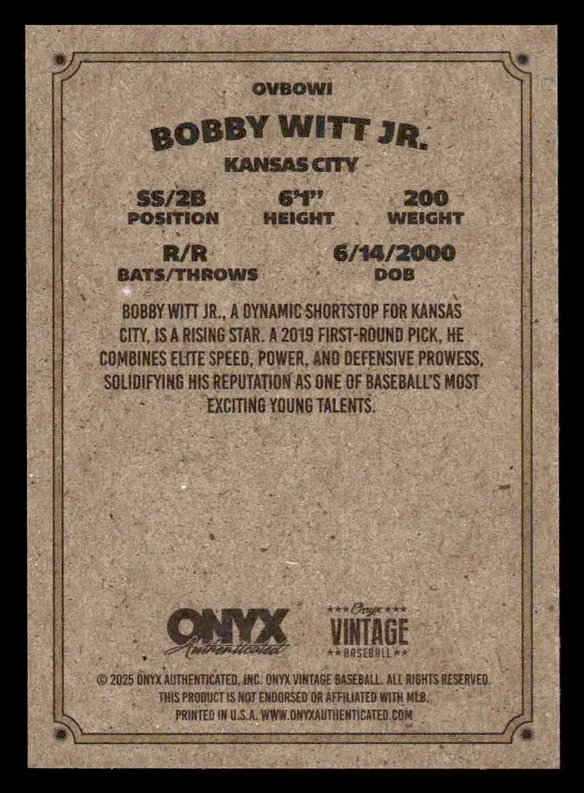 Back of 2025 Onyx Vintage Bobby Witt Jr Kansas City Royals trading card