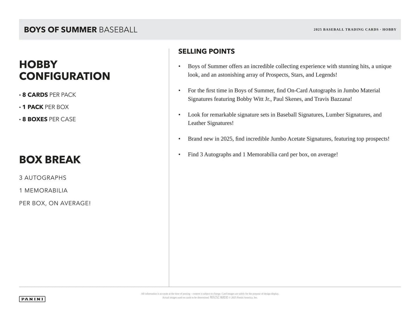 Baseball trading card product sheet for 2025 Panini Boys of Summer Baseball Hobby Box