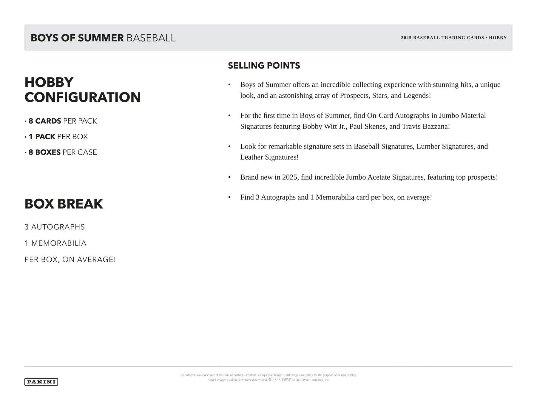 Baseball trading card product sheet for 2025 Panini Boys of Summer Baseball Hobby Box