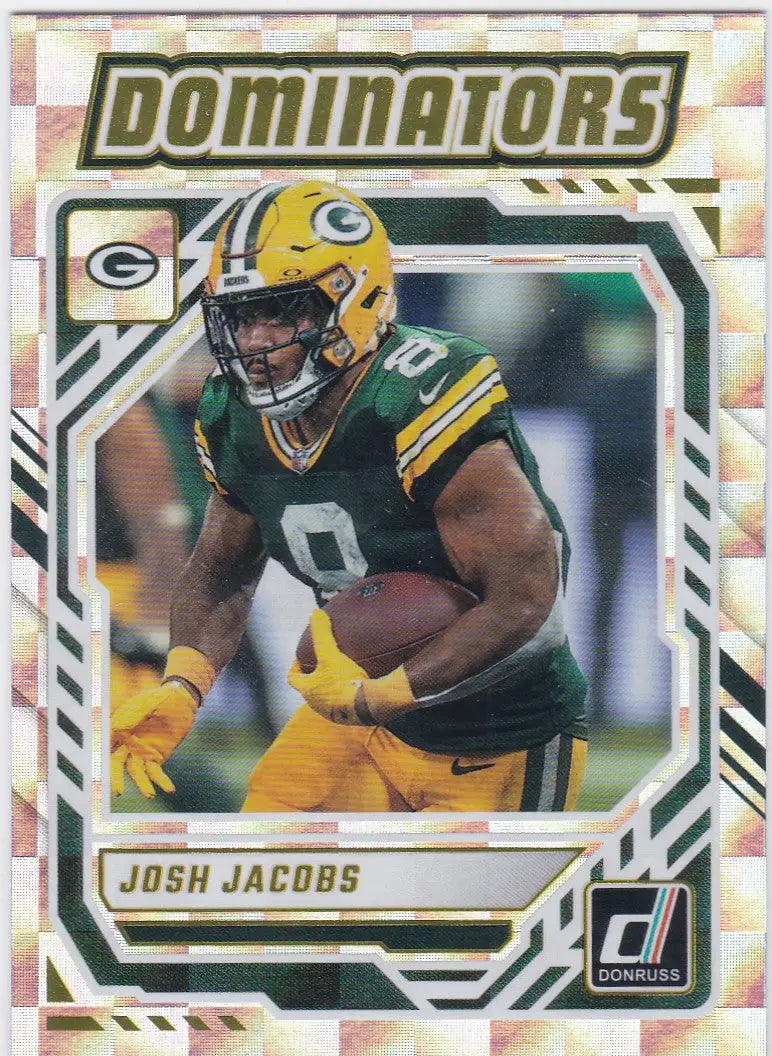 Josh Jacobs Dominators football trading card from 2025 Panini Donruss Dominators Green Bay Packers