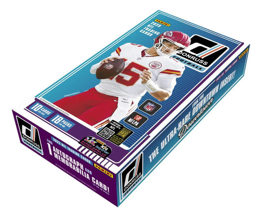 2025 Panini Donruss Football Hobby Box with Patrick Mahomes NFL football cards and rated rookies