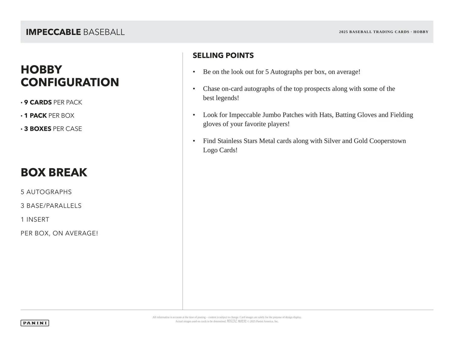 Product sheet for Panini Impeccable Baseball trading cards in Impeccable Baseball Hobby Box