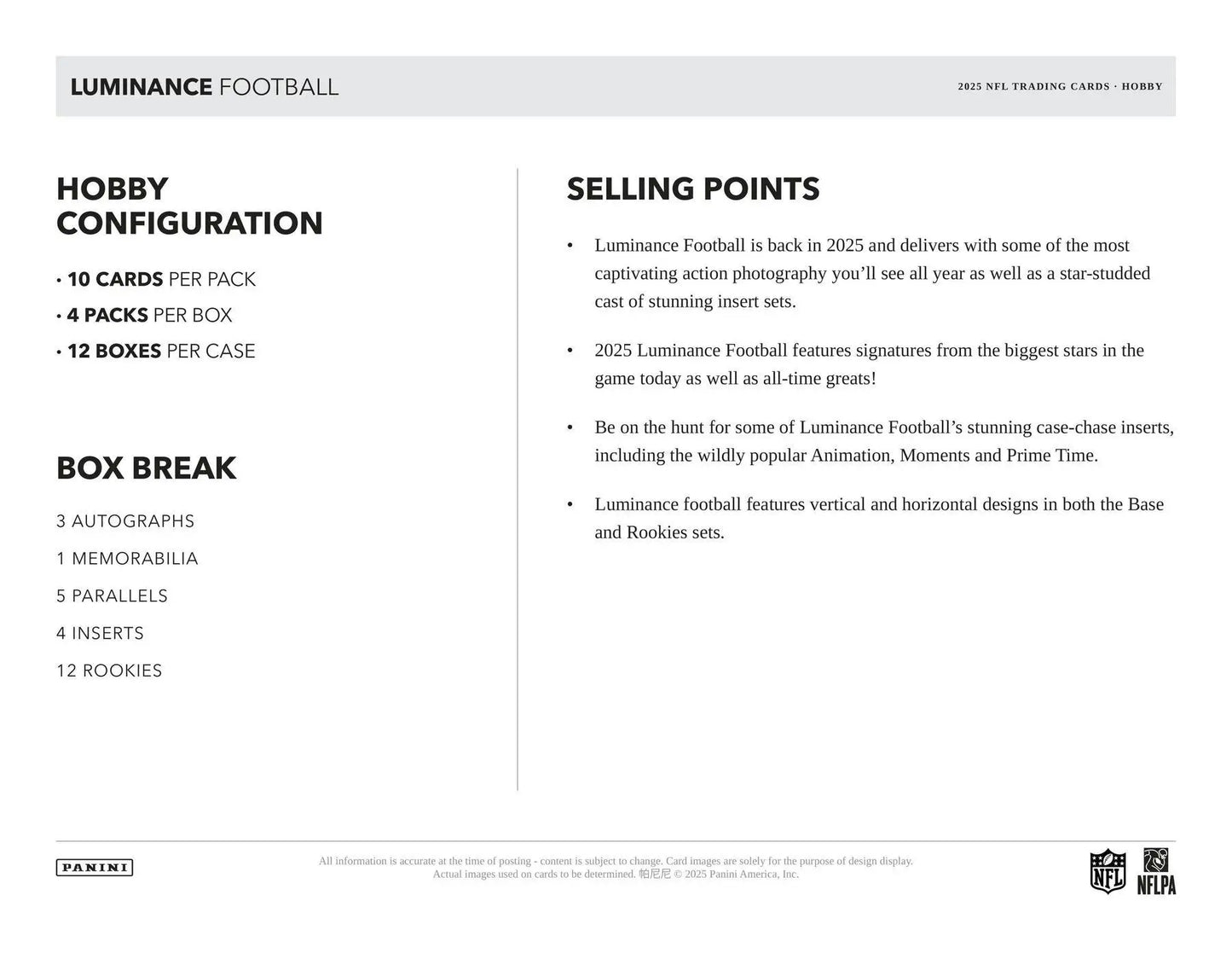 Document outlining Luminance Football hobby configuration and selling points for Panini Luminance Football