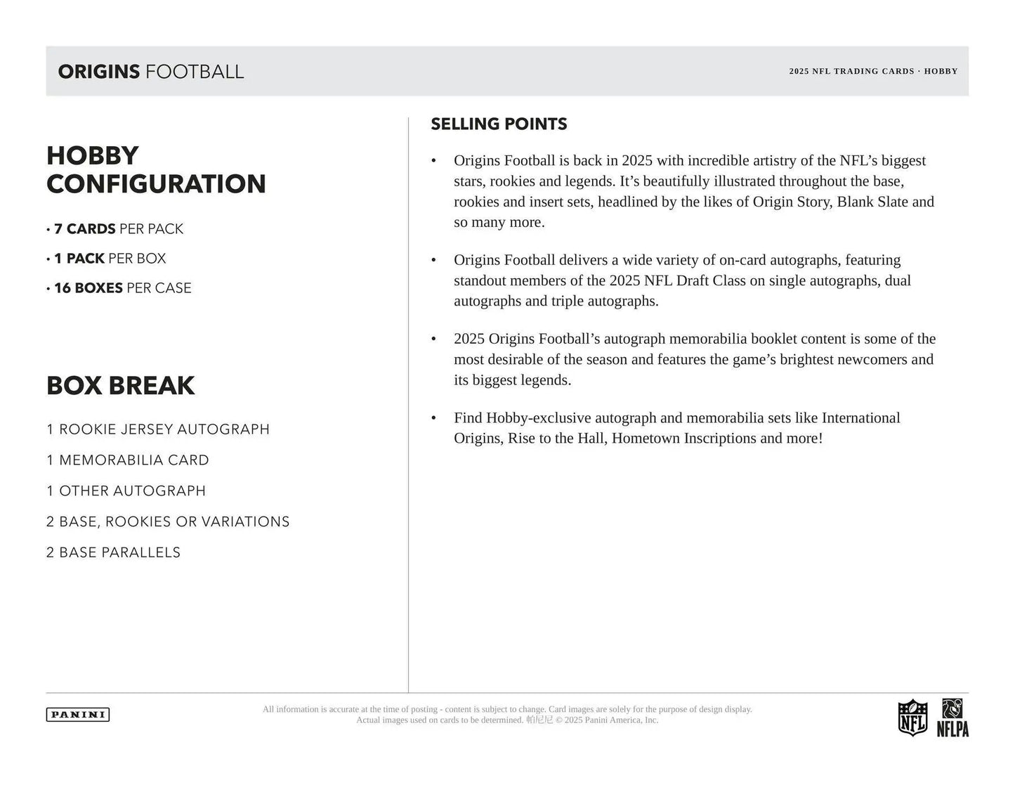 Product sheet for Origins Football trading cards in 2025 Panini Origins Football Hobby Box