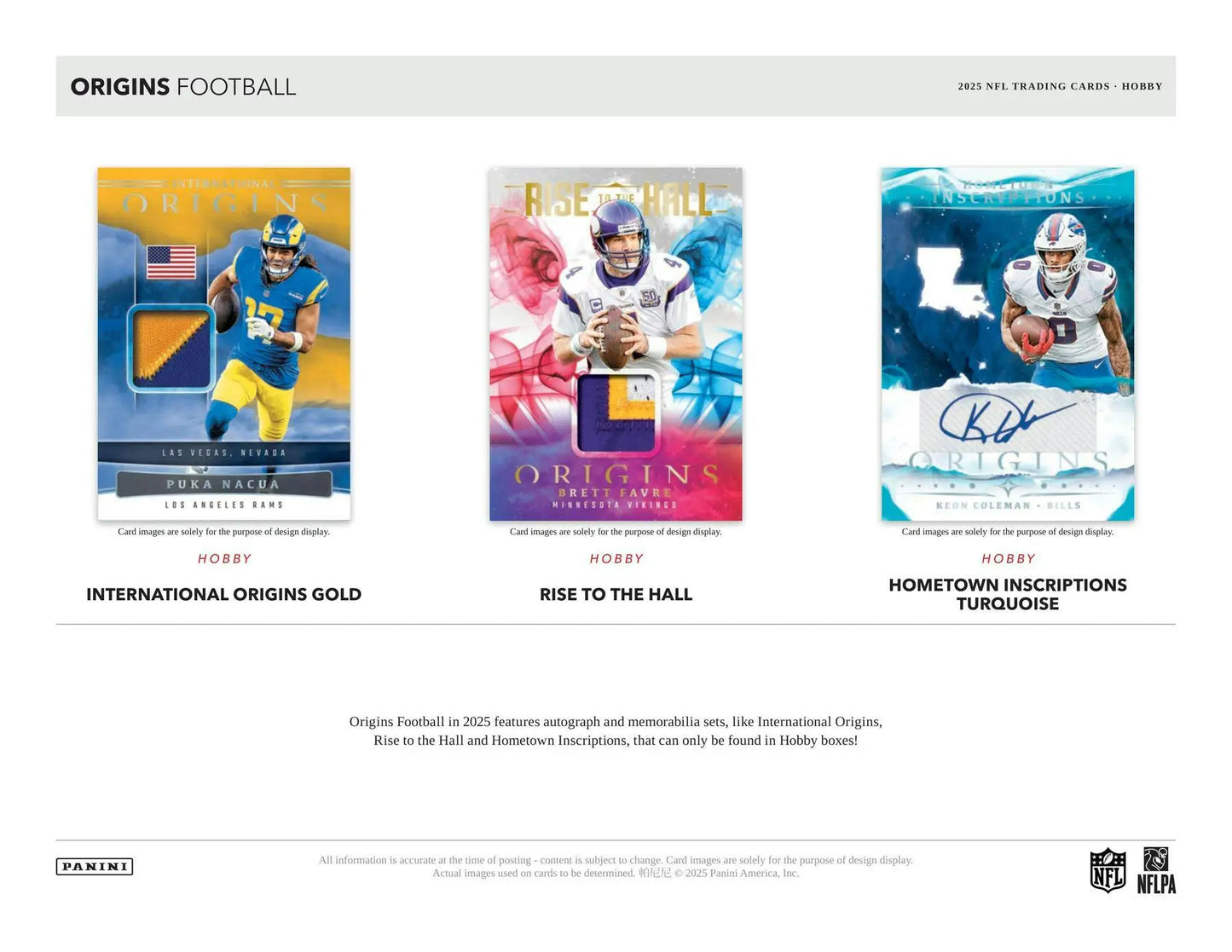 Three football trading cards from Panini Origins Football in the Origins Football Hobby Box