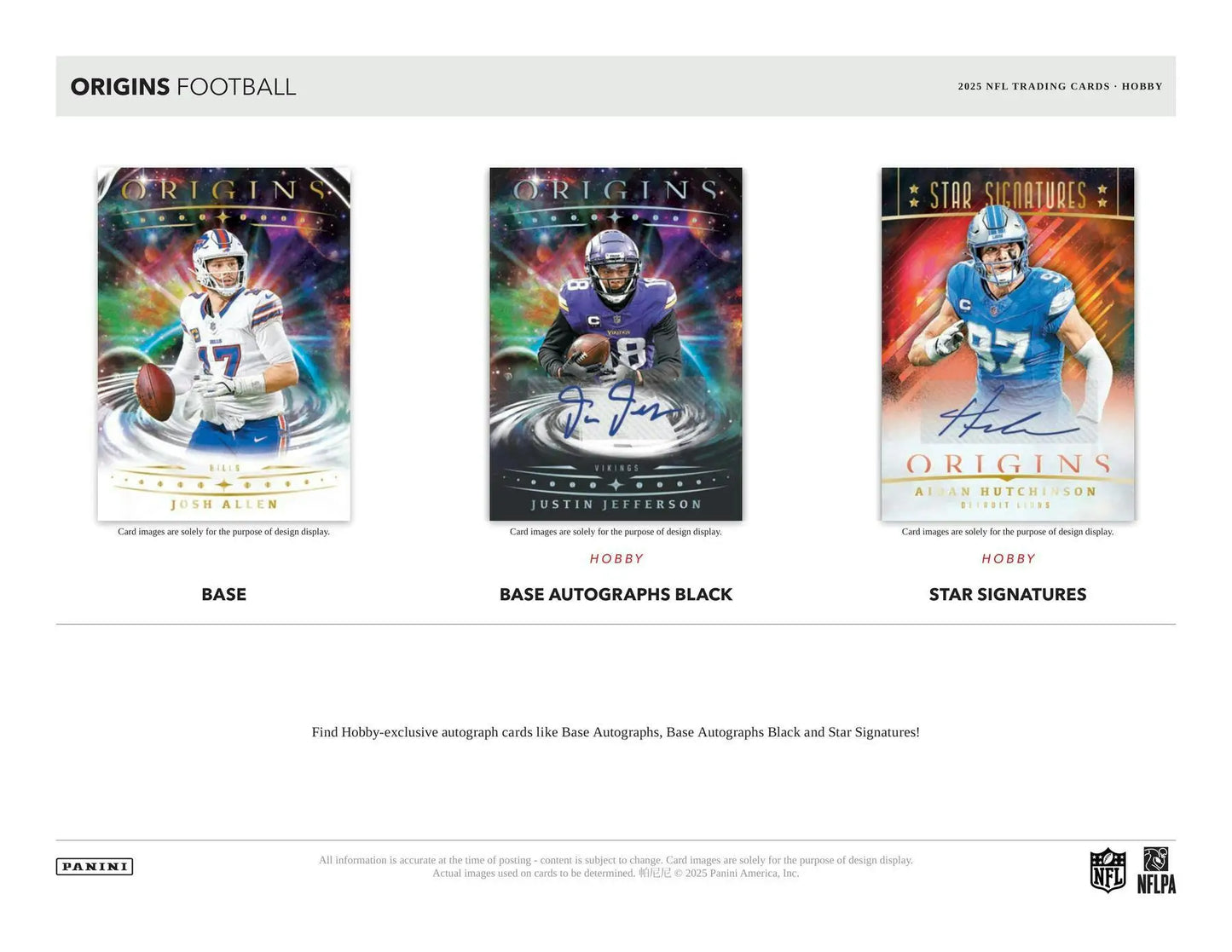 Display of three Panini Origins Football trading cards from the Origins Football Hobby Box