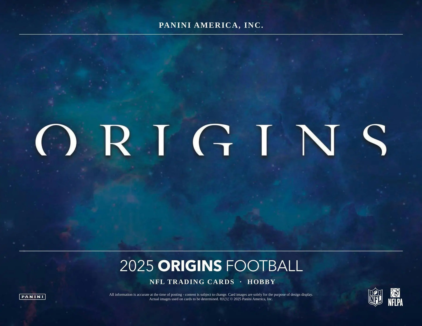Promotional image for 2025 Panini Origins Football hobby box featuring football hobby cards