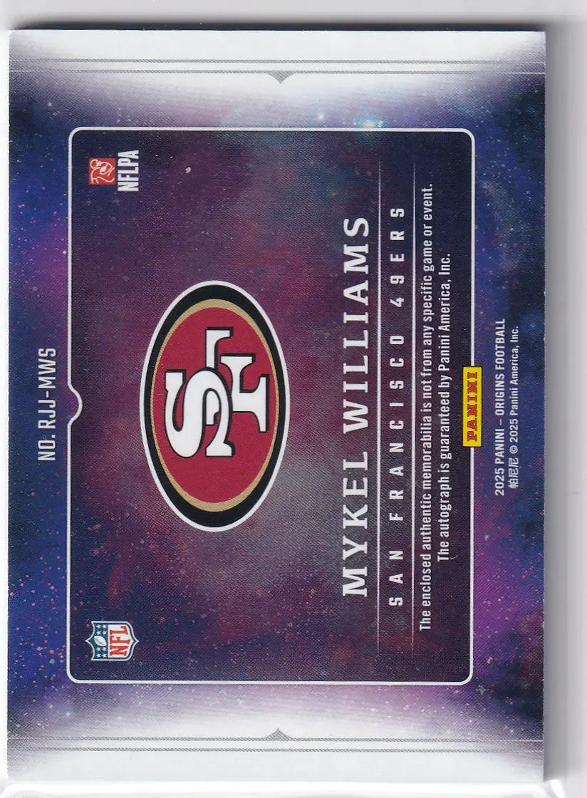 2025 Panini Origins RPA Patch Auto 17/25 #RJJ-MWS Mykel Williams - 49ers - Sports Trading Card