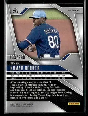 Baseball trading card of Kumar Rocker for Texas Rangers from Panini Prizm 2025