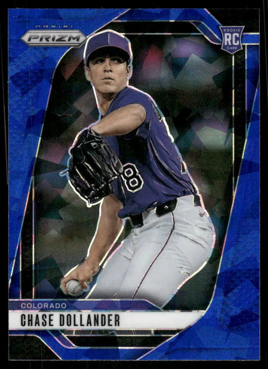 Baseball trading card featuring male pitcher in purple jersey from Panini Prizm Baseball Chase Dollander #217