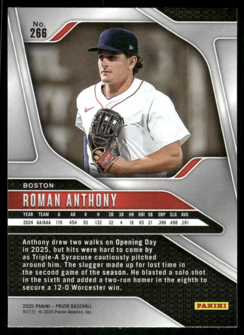 Baseball Roman Anthony trading card from 2025 Panini Prizm Baseball featuring Boston Red Sox