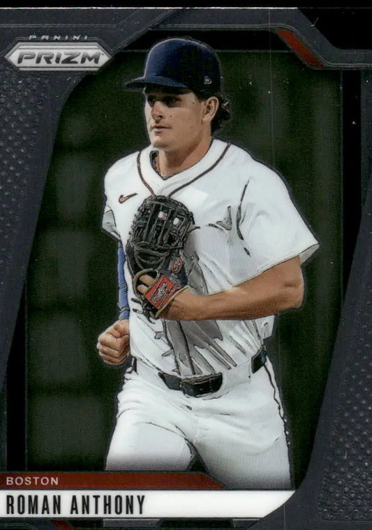 Baseball card featuring Roman Anthony in white and blue uniform for Panini Prizm Baseball