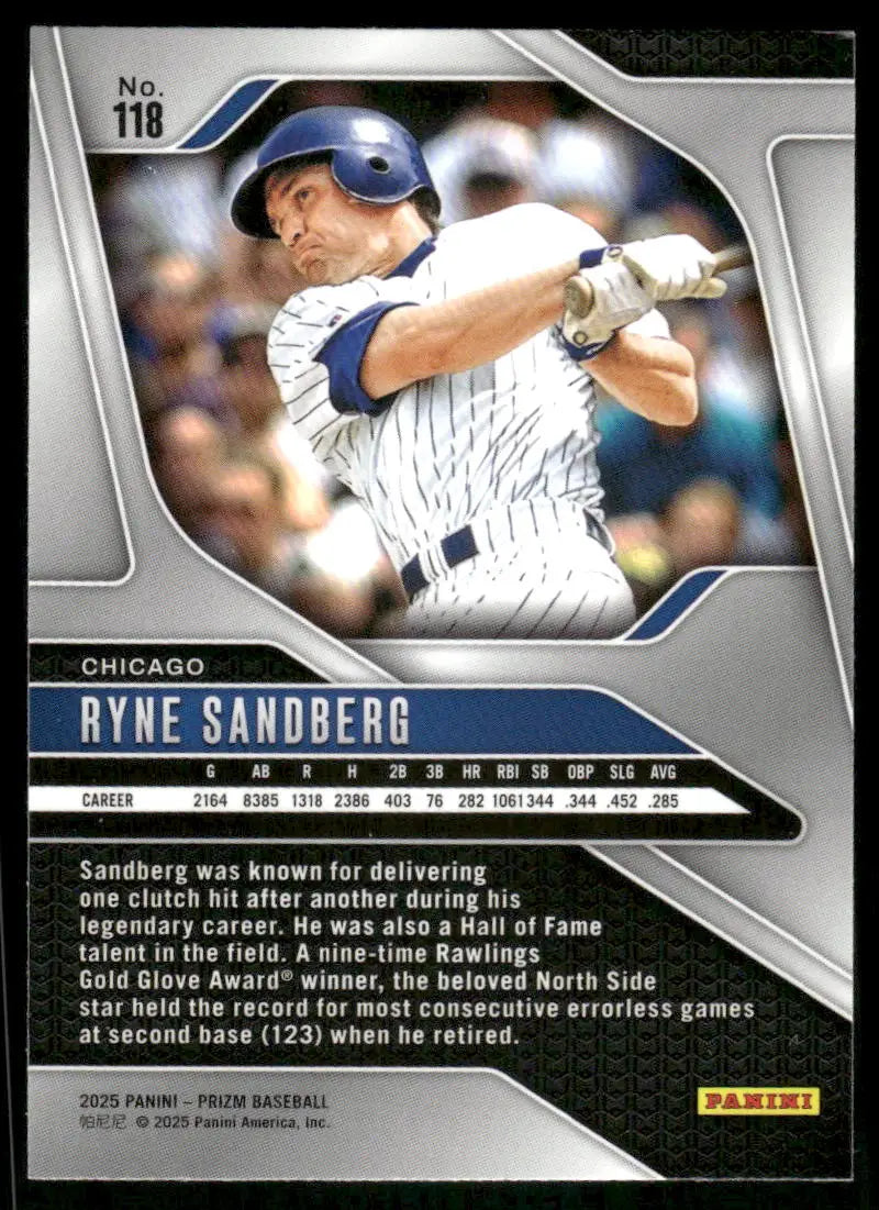Baseball Ryne Sandberg card from 2025 Panini Prizm Baseball series featuring Prizm Baseball Ryne Sandberg #118