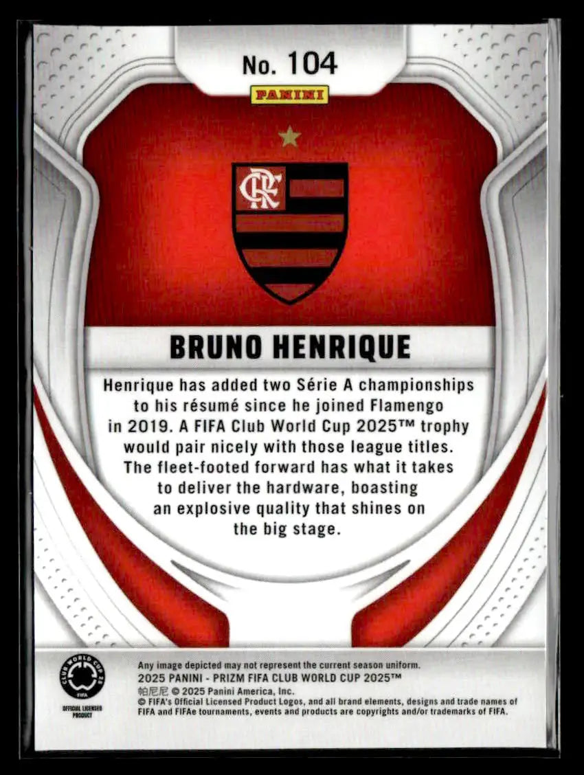 Collectible Panini Prizm FIFA Club World Cup trading card featuring Bruno Henrique and Flamengo crest