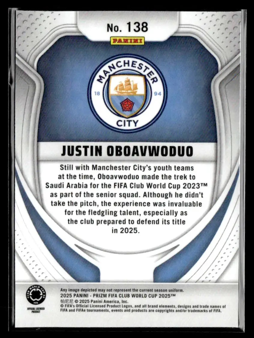 Collectible Panini Prizm FIFA Club World card featuring Justin Oboavwoduo and Manchester City logo