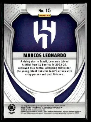 Back of a soccer trading card for Marcos Leonardo from 2025 Panini Prizm FIFA Club World Cup