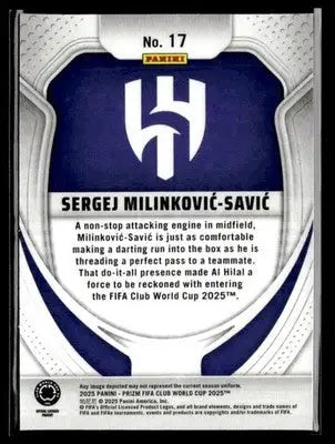 Collectible Panini Prizm FIFA soccer trading card of Sergej Milinkovic-Savic for FIFA Club World