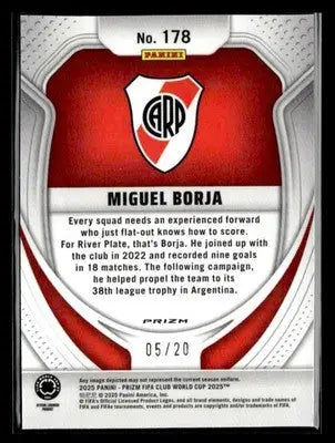Red and white FIFA Club World Cup trading card of Miguel Borja from Panini Prizm FIFA Club series