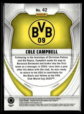 Back of a Panini Prizm FIFA Club World Cup 2025 Cole Campbell trading card