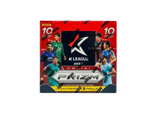 Hobby box of Panini Prizm K League 2023 soccer trading cards with white tiger parallel