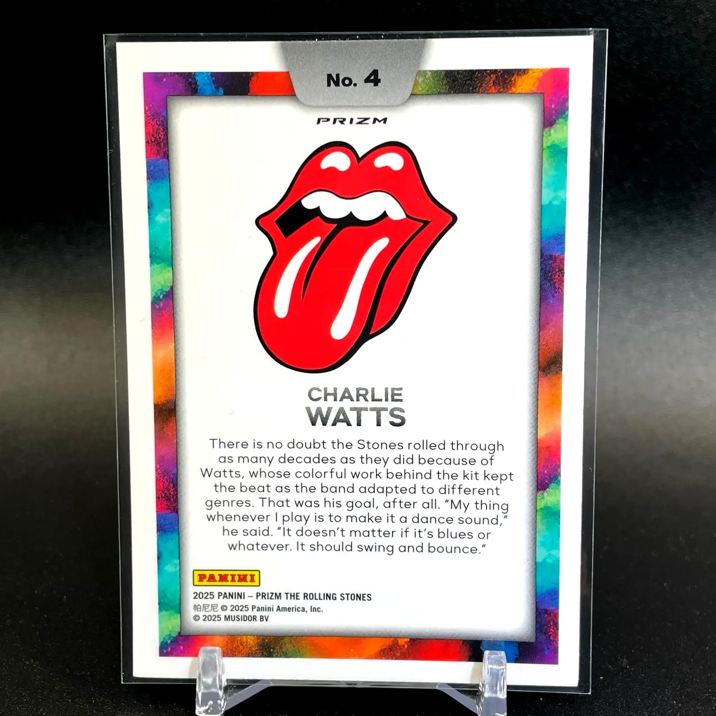 Collectible card featuring Rolling Stones tongue logo and Charlie Watts from Rolling Stones color series