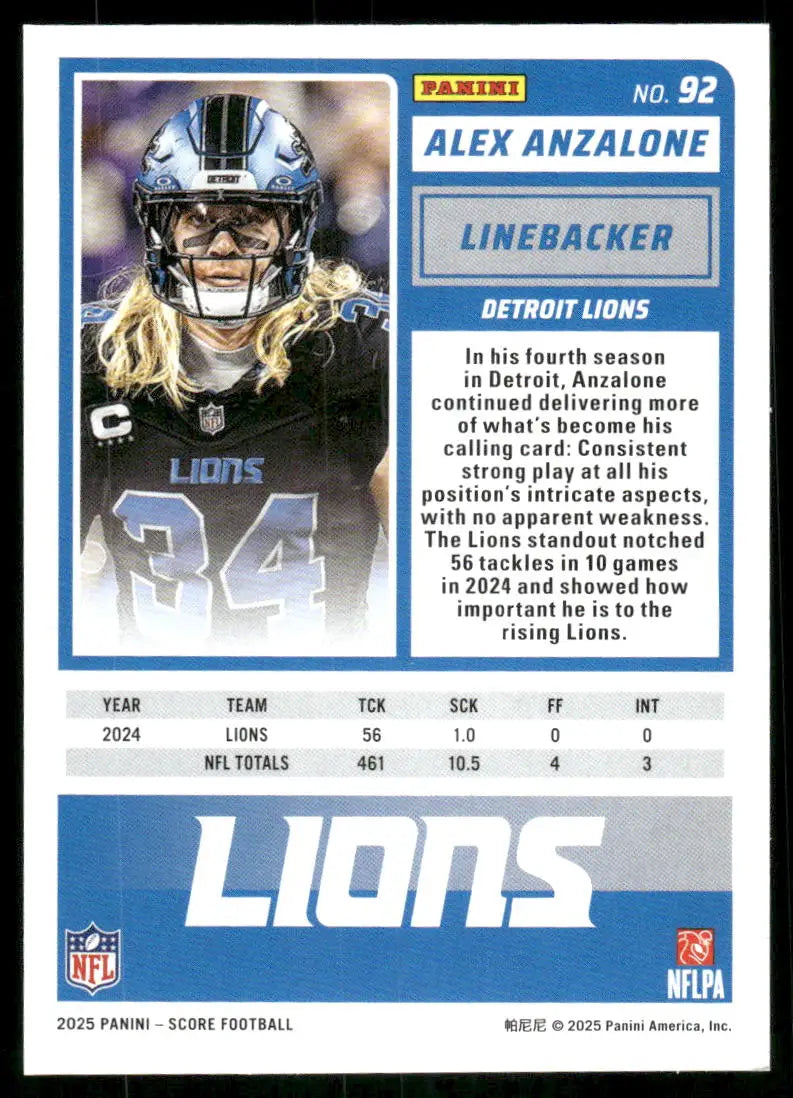 2025 Panini Score Alex Anzalone football trading card featuring Score Alex Anzalone #92