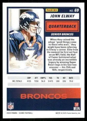 2025 Panini Score John Elway Football trading card featuring Denver Broncos quarterback