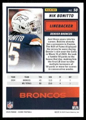 American football trading card of Nik Bonitto from 2025 Panini Score Nik series