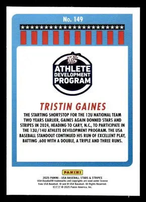 Back of 2025 Panini Stars and Stripes USA Baseball #149 Tristin Gaines card