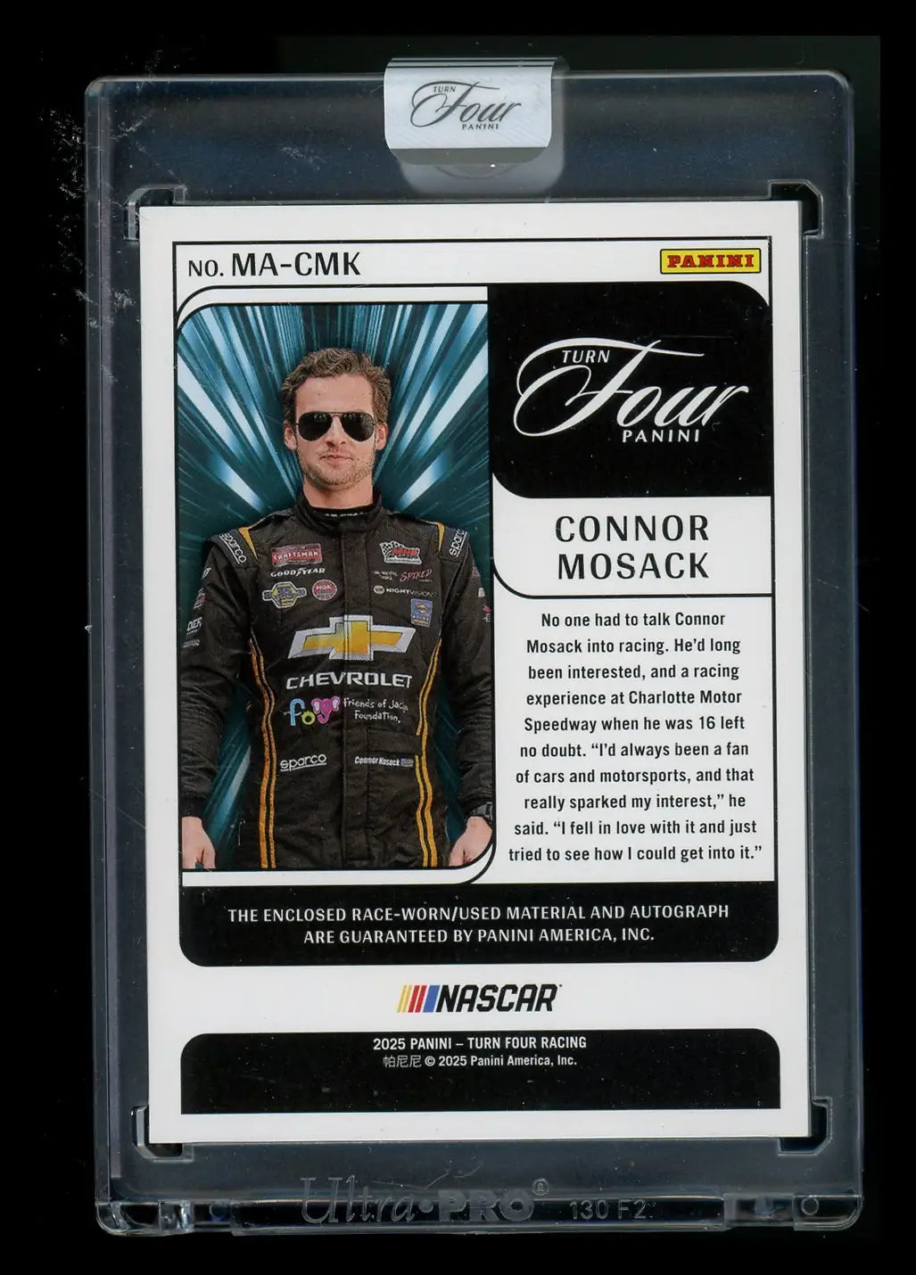 Panini Turn Four Connor Mosack trading card in protective case, 2025 Panini Turn Four racing memorabilia