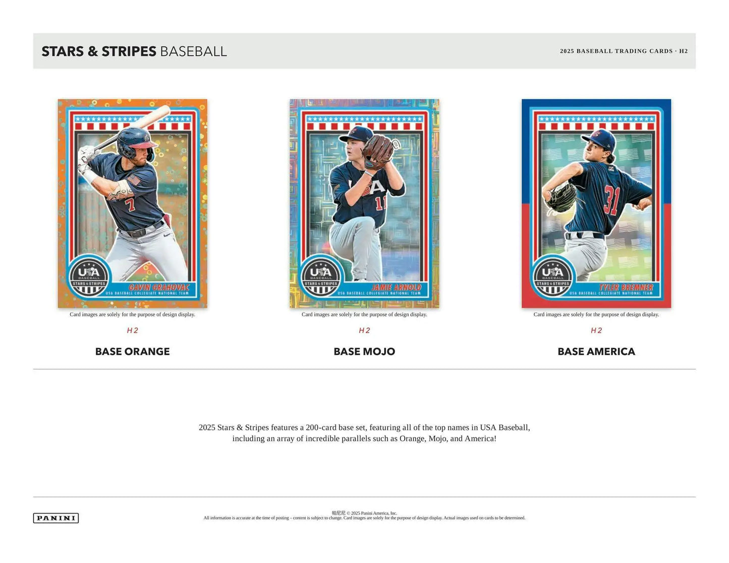 Baseball trading cards from the 2025 Panini USA Stars & Stripes Baseball H2 Box featuring USA Baseball national team development program