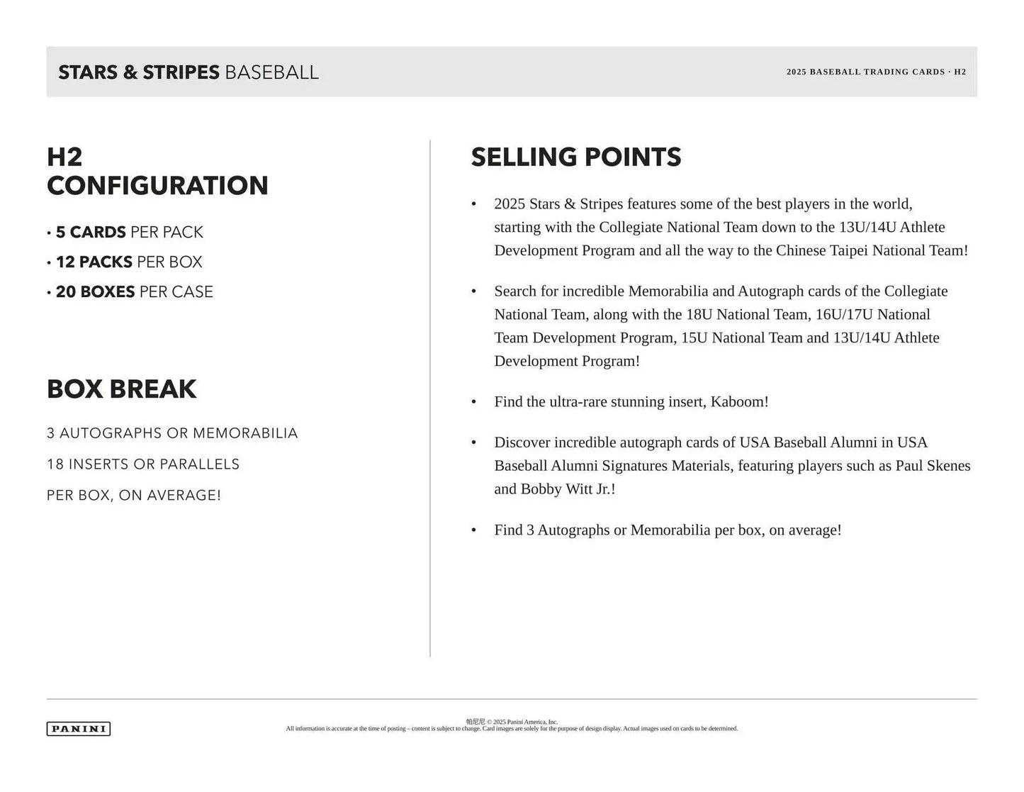 Product sheet for 2025 Stars & Stripes Baseball trading cards from USA Baseball development program