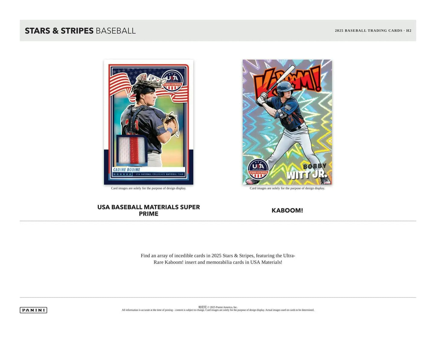 Two baseball cards from 2025 Panini USA Stars & Stripes Baseball H2 Box featuring national team players
