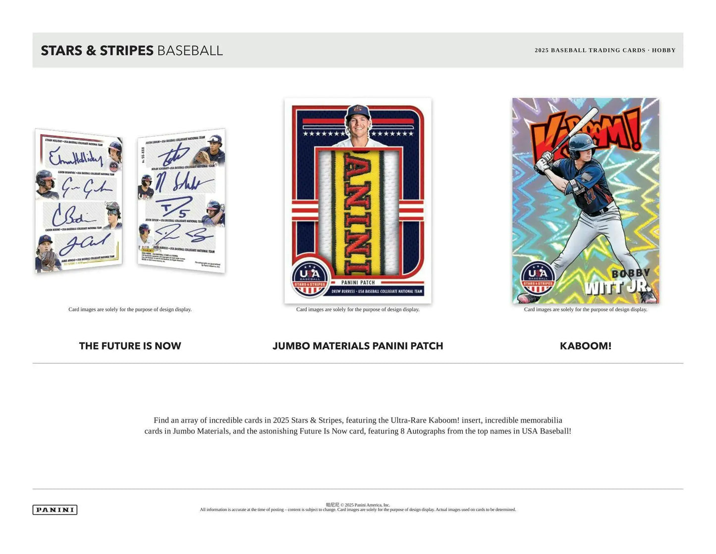 Baseball trading cards inside 2025 Panini USA Stars & Stripes Hobby Box featuring national team memorabilia