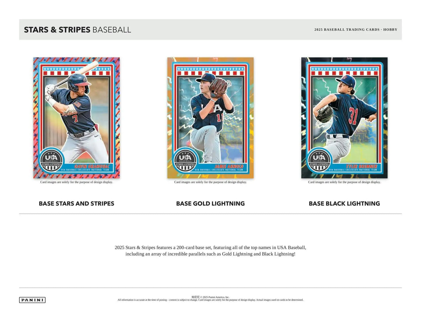 Baseball trading cards from the 2025 Panini USA Stars & Stripes Hobby Box featuring memorabilia and collegiate national team cards