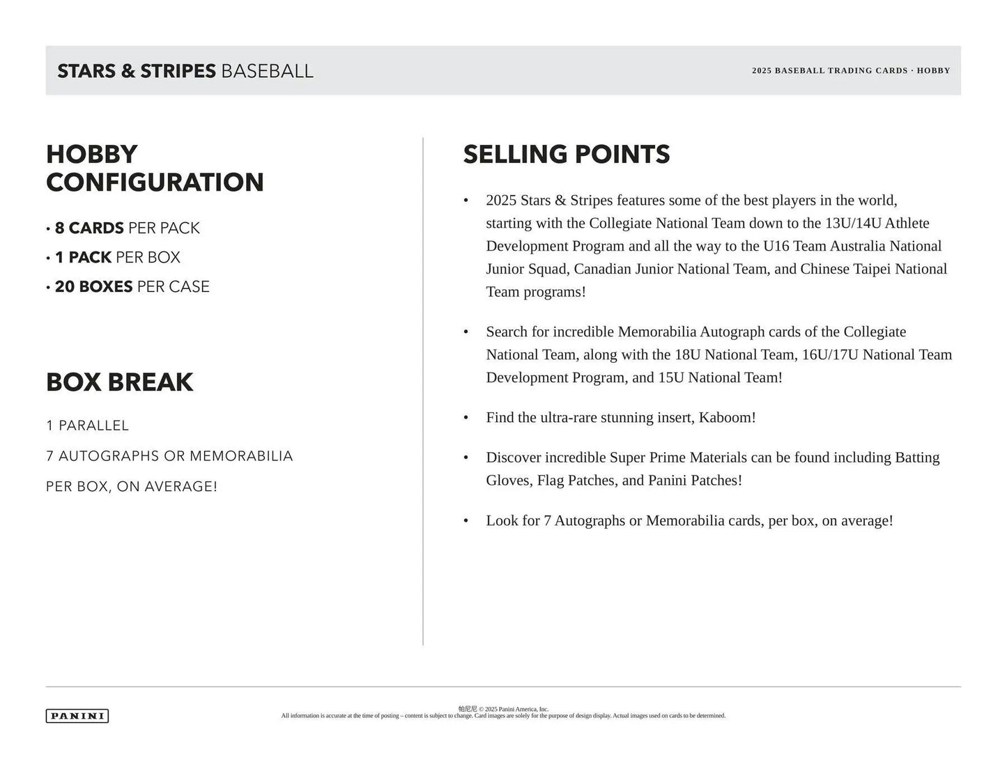 Baseball card product details featuring memorabilia cards from the 2025 Panini USA Stars & Stripes Hobby Box with national team highlights
