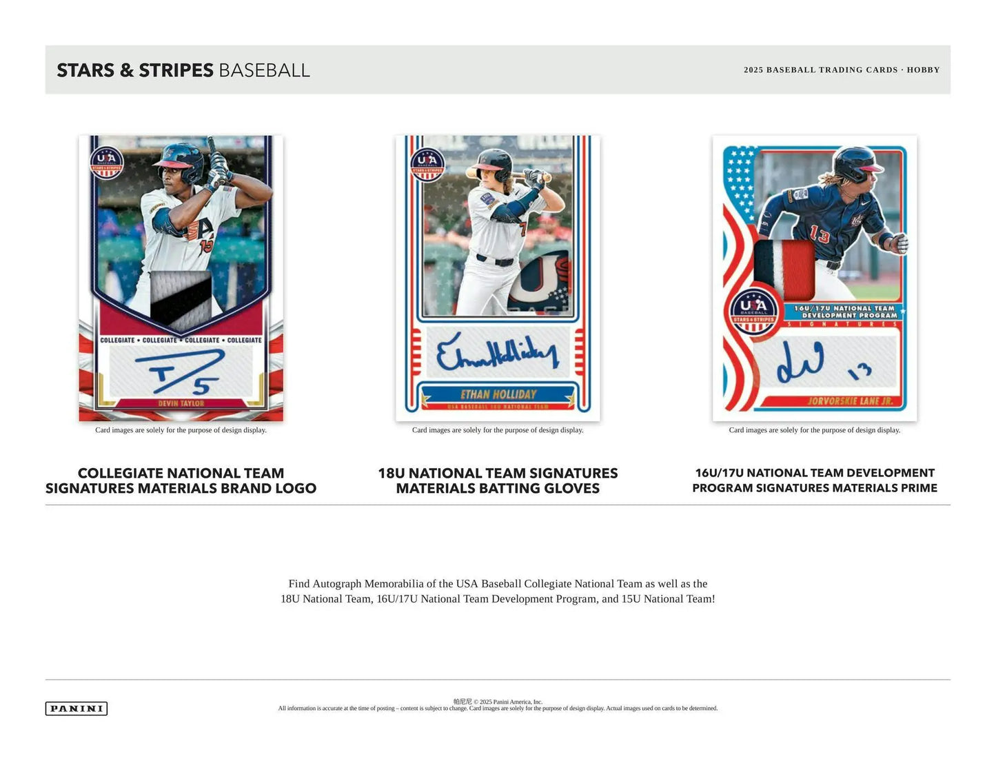 Baseball trading cards from 2025 Panini USA Stars & Stripes Hobby Box featuring national team memorabilia