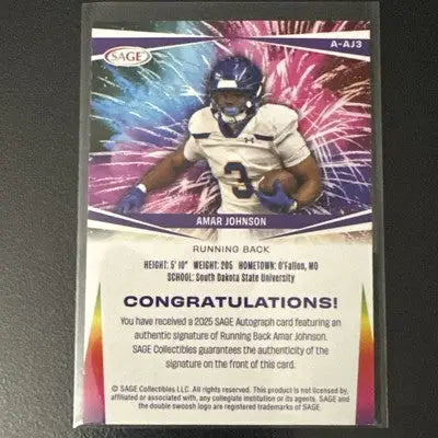 Sage Football trading card featuring Amar Johnson from 2025 Sage Football Auto Amar Johnson High