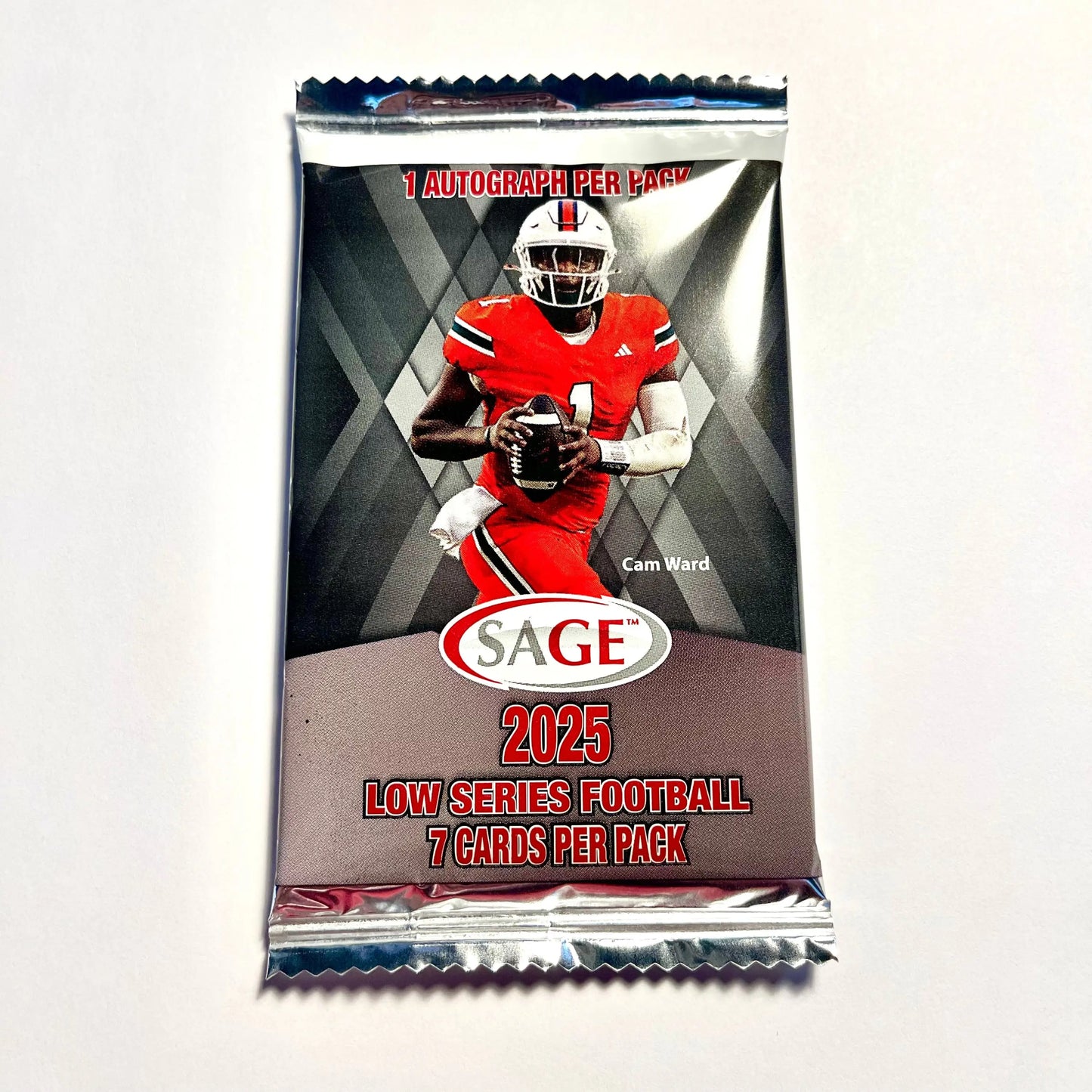 Sealed pack of 2025 SAGE Low Series Football trading cards featuring player in red uniform