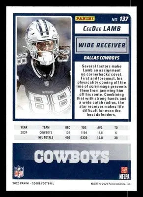 2025 Score CeeDee Lamb football card featuring Dallas Cowboys wide receiver