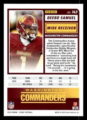 Deebo Samuel football card from 2025 Score #143 featuring Washington Commanders player