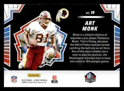 Art Monk football card from 2025 Score Men of Canton featuring Washington Redskins legend