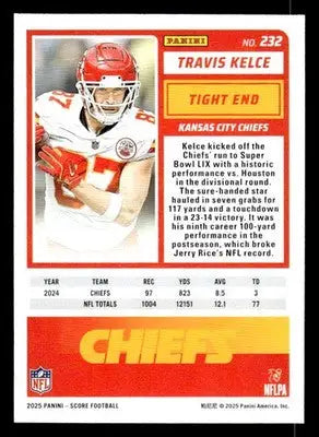 2025 Score Travis Kelce football card featuring Kansas City Chiefs player in Kansas City