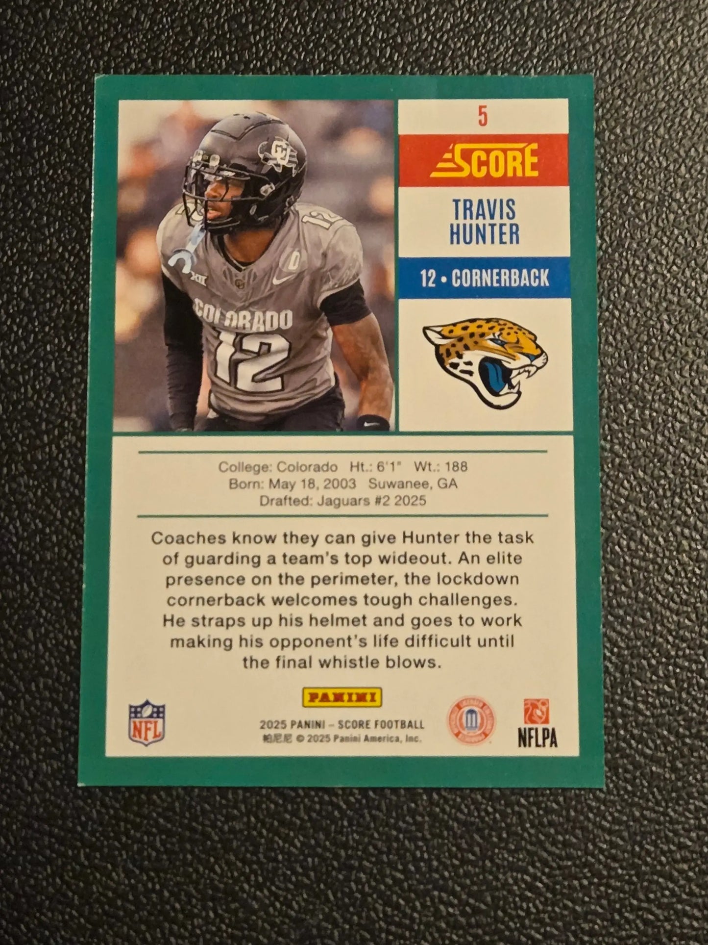 Travis Hunter Anniversary Rookies football trading card from 2025 Score series
